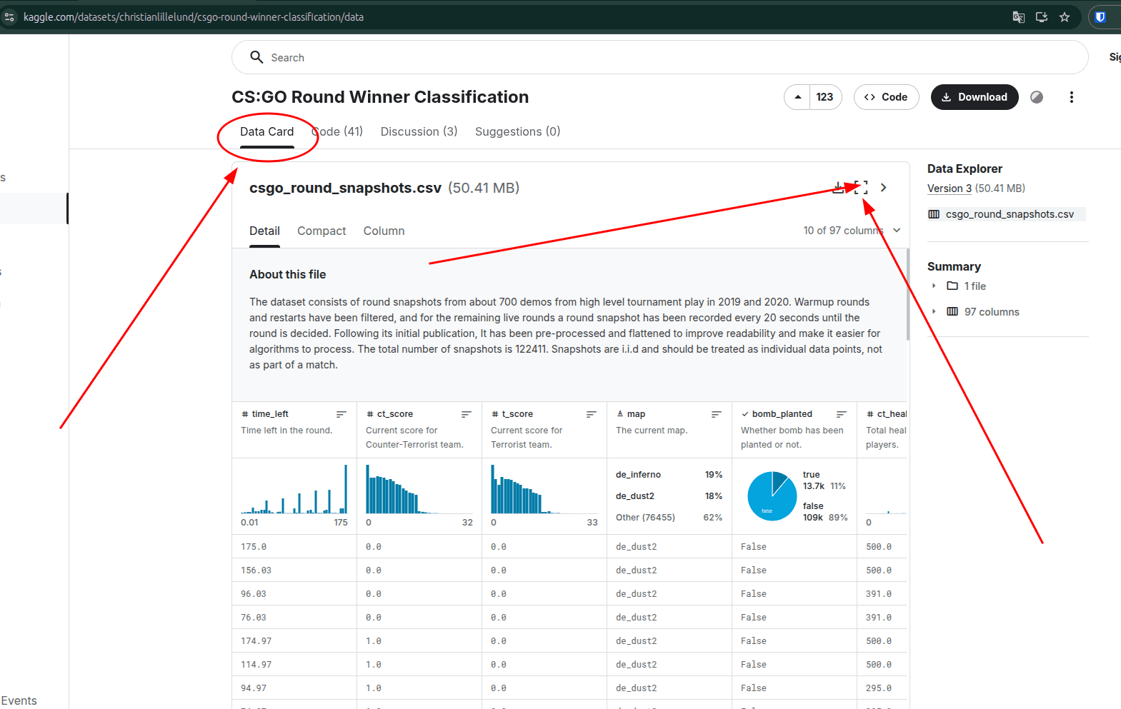 Просмотр файла csgo_round_snapshots.csv в разделе Data Explorer на Kaggle